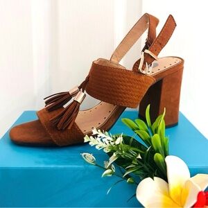 GABBY ~ Camel Brown Suede Sandals/Tassel Details and 3” Block Heel